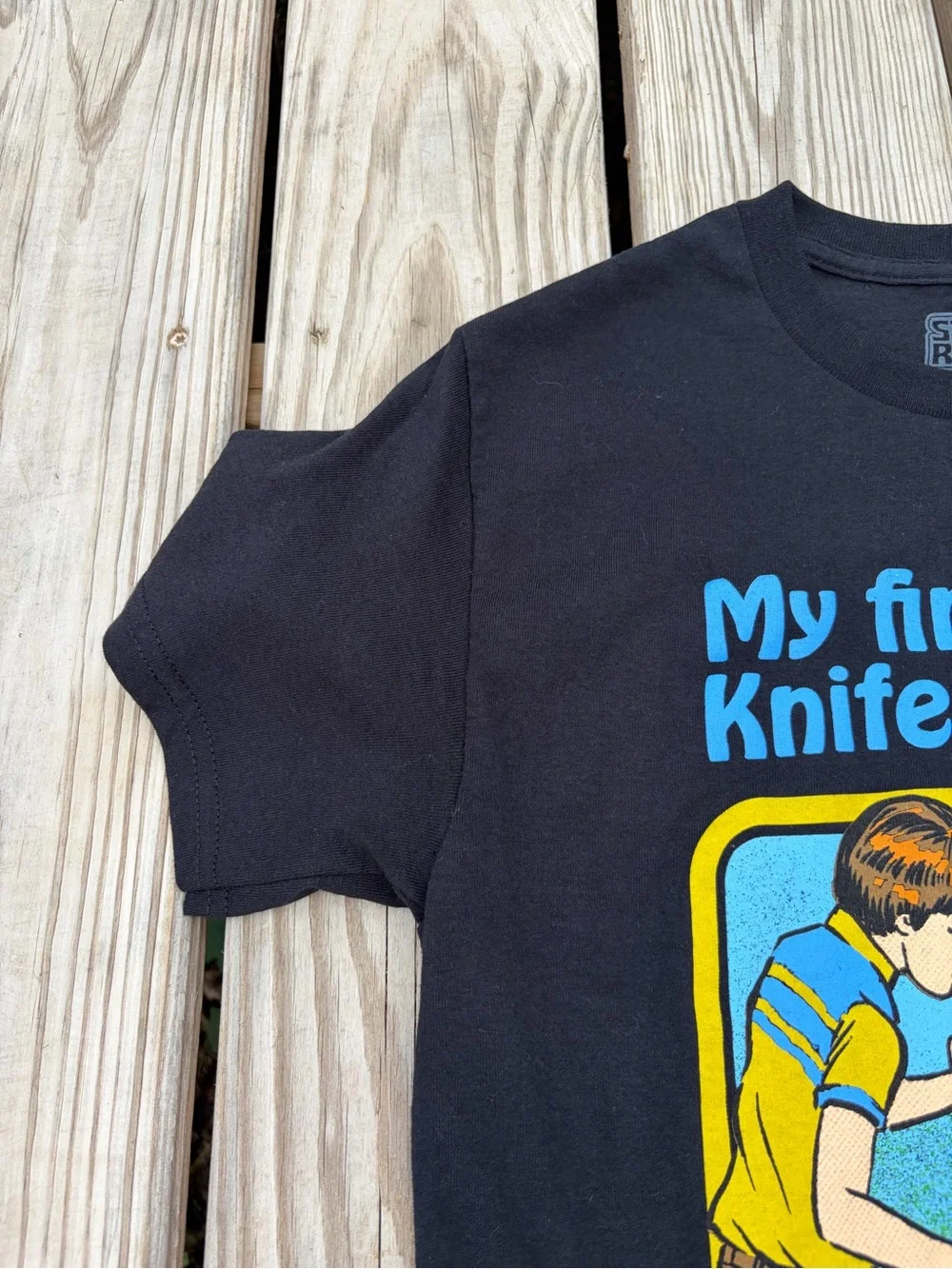 Steven Rhodes Mens Tee Small Black Hobbies Games My First Knife Fight Small Flaw